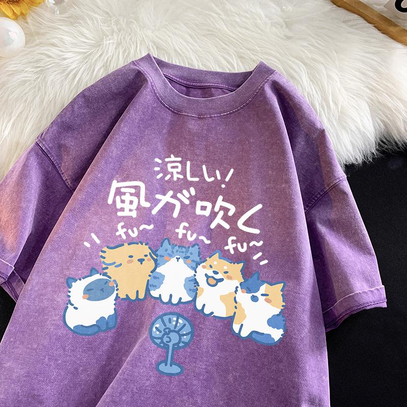 Cool Breeze Summer Loose Short Sleeved T-shirt Men Women Boys Cats Dogs Summer Cartoon Cotton Fun Vintage Water Washing Tees