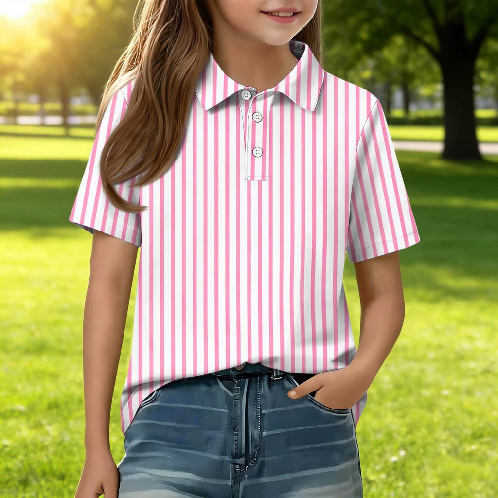 Kids Casual Short Sleeve Polo Shirt Striped Print Button Down Collar Lightweight Breathable Top for Boys Girls Summer Wear