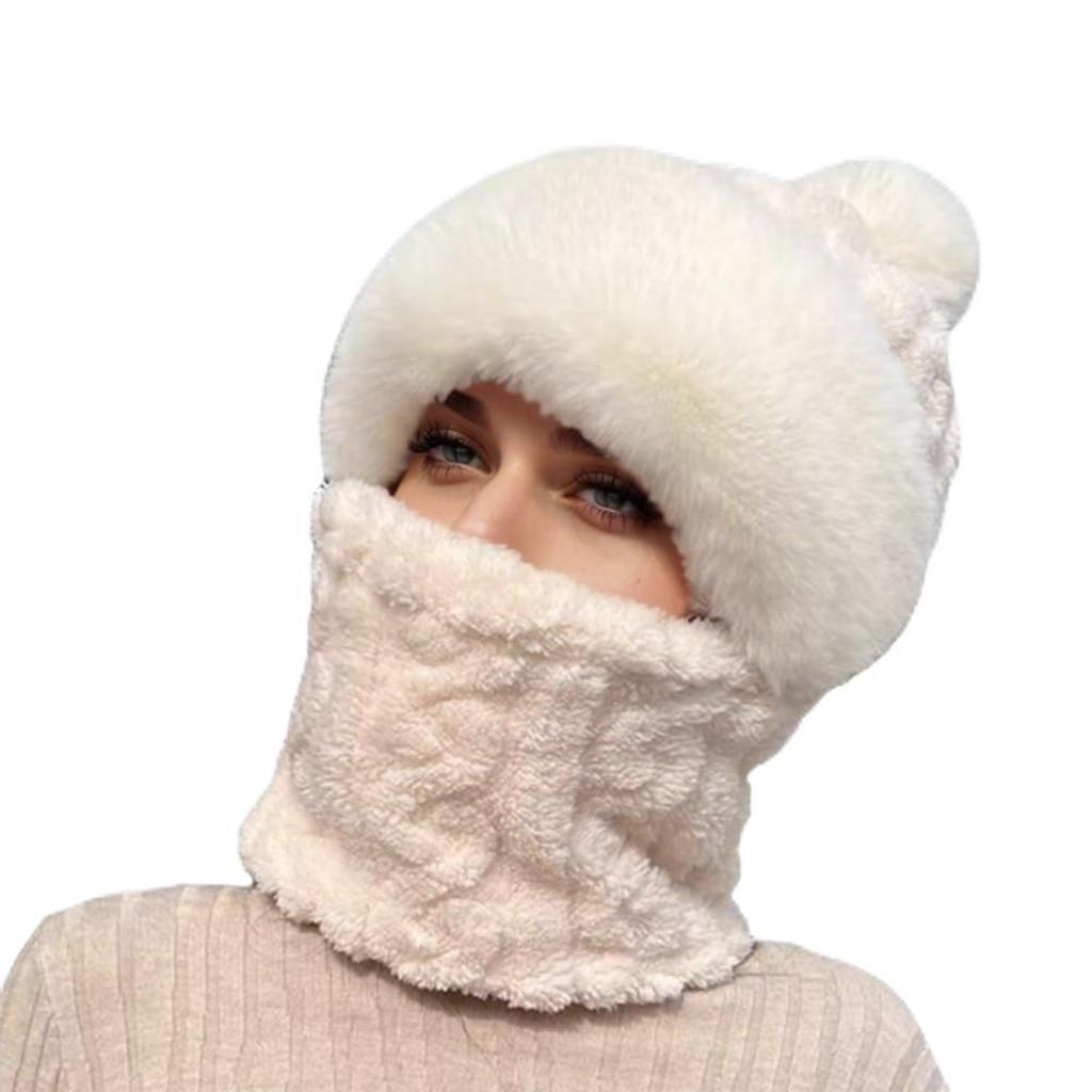 Winter Scarf Hooded Hat Set Women Plush Neck Warm Outdoor Skiing Caps Windproof Plush Hat Thick Plush Fluffy Hood