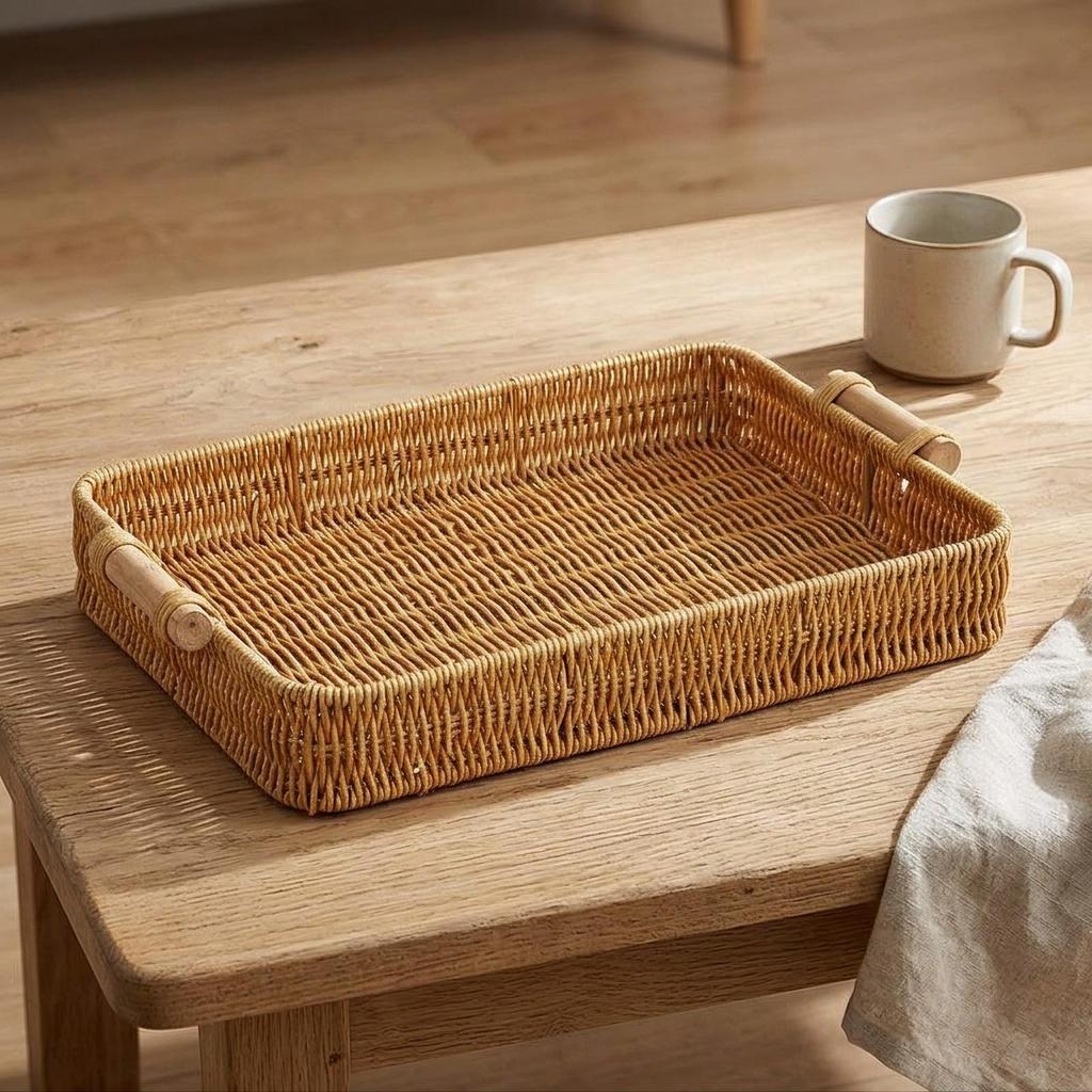 Rectangular Wicker Tray Practical Serving with Handles Lightweight