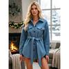 Women Solid Color Loose Shirt Collar Lace Up Button Long Sleeve Trench Coat