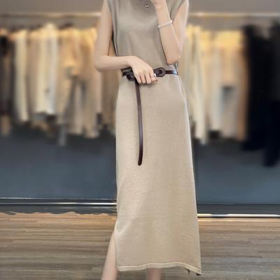 Vestido de Malha Longo Sem Mangas de Fio de Algodão Puro para Verão Feminino Gola Redonda Comprimento Médio Camada Interna Fenda Lateral Saia Longa