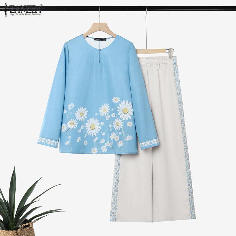 ZANZEA Women Long Sleeve Floral Blouse and Long Pants Casual Two Piece Suit Sets