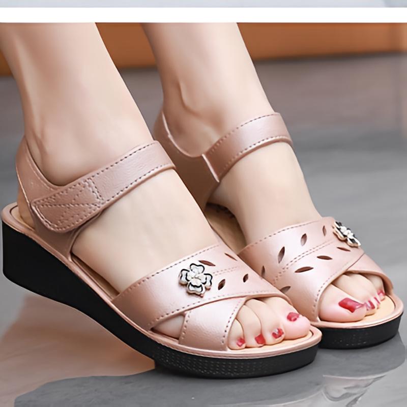 Elegant Women's Wedge Heel Sandals: Breathable, Solid Color, Soft Sole, Wear-Resistant, Fashionable Mom's Slip-ons