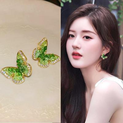 Gradient Green Artificial Crystal Butterfly Earrings Gift