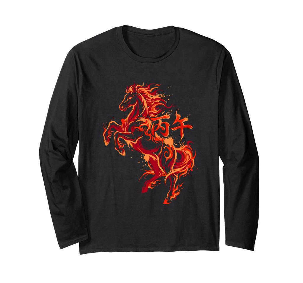 featuring a fire ink street Japanese and a red flame Japanese-style long-sleeved T-shirt horse, sumi-e painting, art, calligraphy, pattern, kanji,
