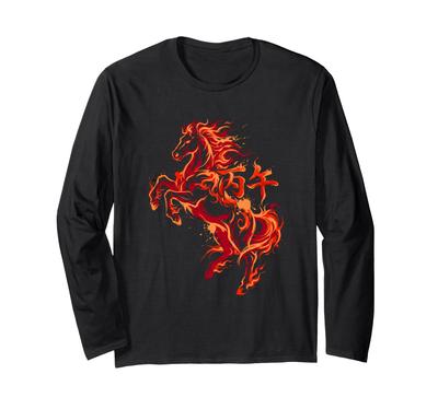 Featuring a Fire Ink Street Japanese and a Red Flame Japanese-style Long-sleeved T-shirt Horse, Sumi-e Painting, Art, Calligraphy, Pattern, Kanji,