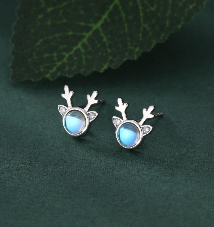 Higu E1015 S925 Silver Moonstone Antler Stud Earrings - New Christmas Trend, Mori Style