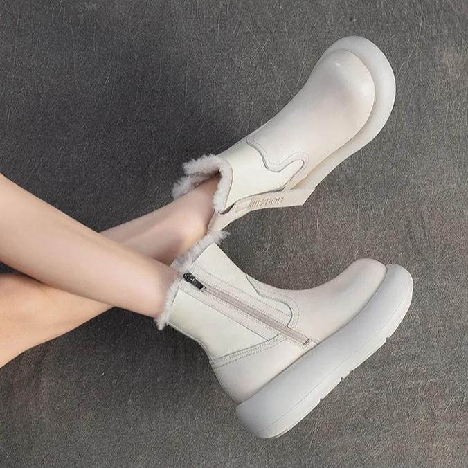 Johnature Retro Warm Side Zipper Thick Soled Women's Short Boots Genuine Leather Wool Snow Boots