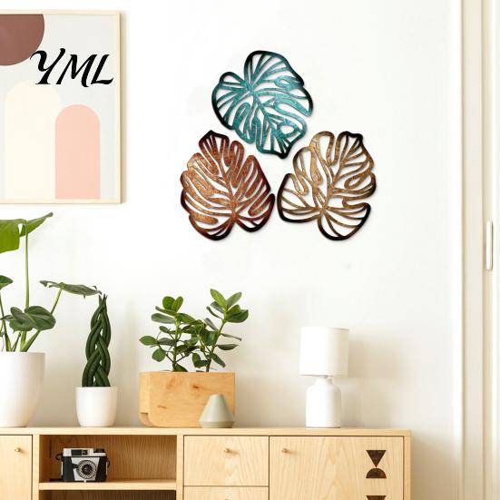 Wandmontierte Holz-Kunst 3-teilige Hohl-Monstera-Blatt-Dekoration, Tropische Hängeplakette, Dekorative Dekor-Skulptur mit Haken für Wohnzimmer