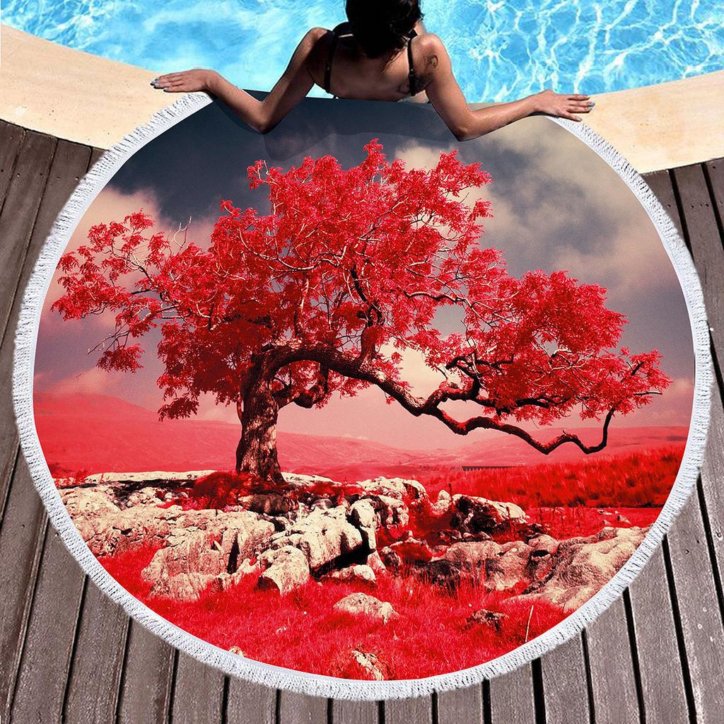 Big Tree Print Round Beach Towels, Polyester Sand Resistant Shawl Beach Blanket,Soft Absorbent Quick Dry Pool Towel Picnic Mat