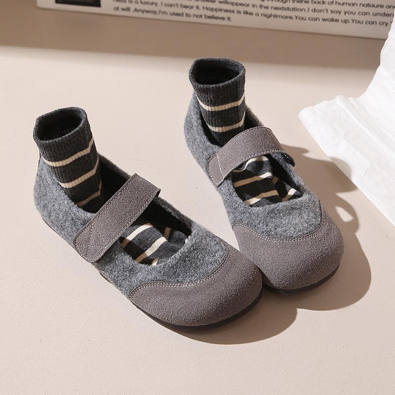 Sheepskin Version~ Retro Matte Splicing Mary Jane Single Shoes Women's Autumn New Flat-bottomed Velcro Shallow Mouth Single Shoes Tide