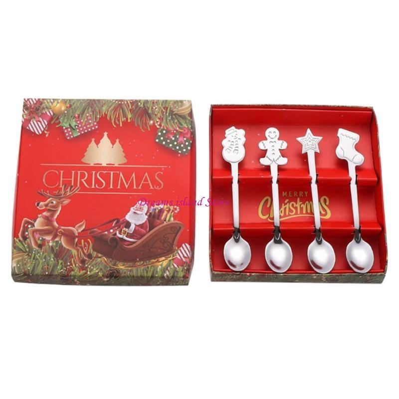 4Pieces Ice Cream Spoons Stirring SpoonS Christmas Themed Stainless Steel Material Coffee Spoons Dessert Spoons 4 Colors HX6C