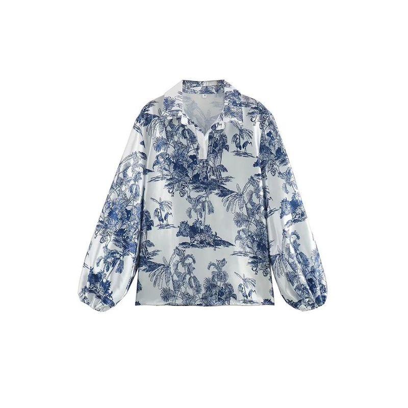 

Рубашка с воротником и принтом дерева, свободный костюм с лацканами, принт на рубашке, свободный наряд Blouses-K417 S