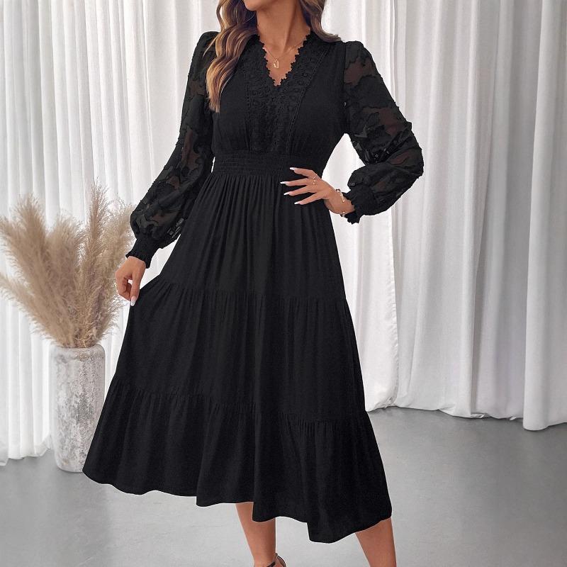 2025 Nouă Rochie Elegantă de Toamnă și Iarnă cu Dantelă și Mâneci Lungi cu Decolteu în V