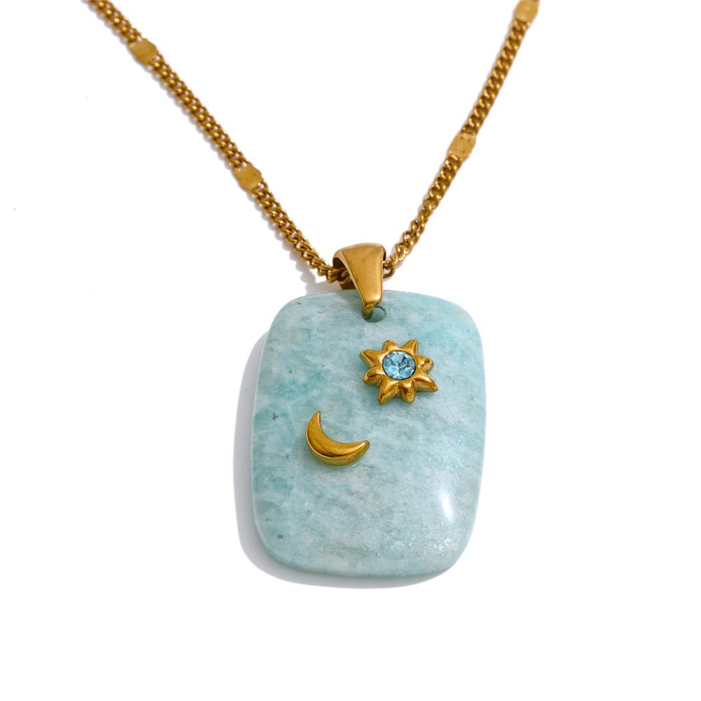 Yhpup Natural Stone Amazonite Amethyst Pink Quartz Star Moon Rectangle Pendant Necklace Stainless Steel French Jewelry Gift