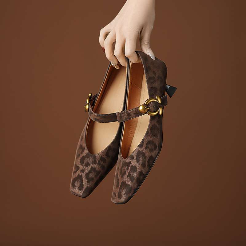 Krazing Pot Sheep Skin Summer Spring Autumn Stiletto Med Heels Leopard Women Square Toe Metal Decoration Shallow Pumps