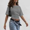 Women’s Crewneck Pullover Short Sleeve T-Shirt with Striped Print Loose Fit Casual Basic Top for Daily Wear