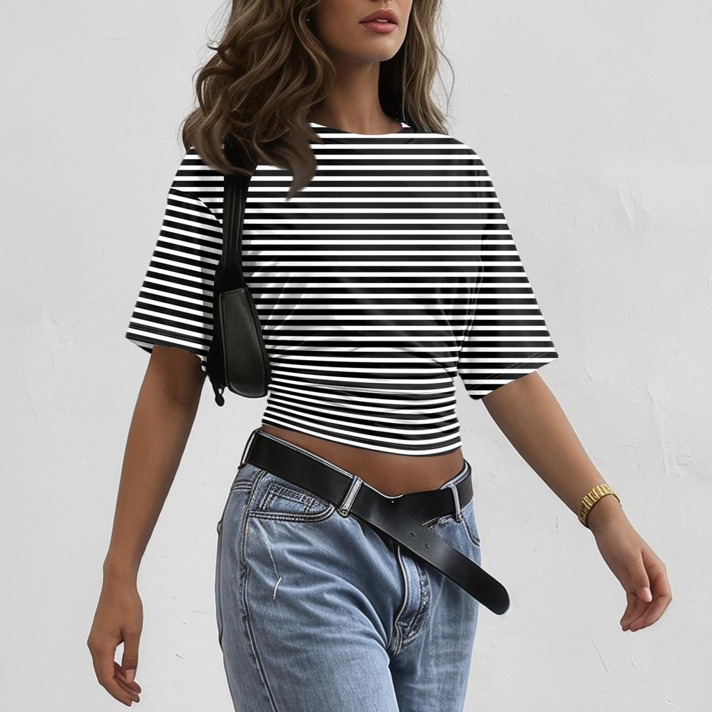 Women’s Crewneck Pullover Short Sleeve T-Shirt with Striped Print Loose Fit Casual Basic Top for Daily Wear