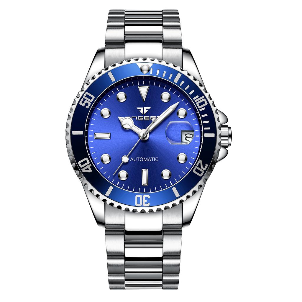 FNGEEN 9001 Fashion Blue Man Mechanism Watch Nice Metal Band Waterproof Full Automatic Calendar Business Watch Kit