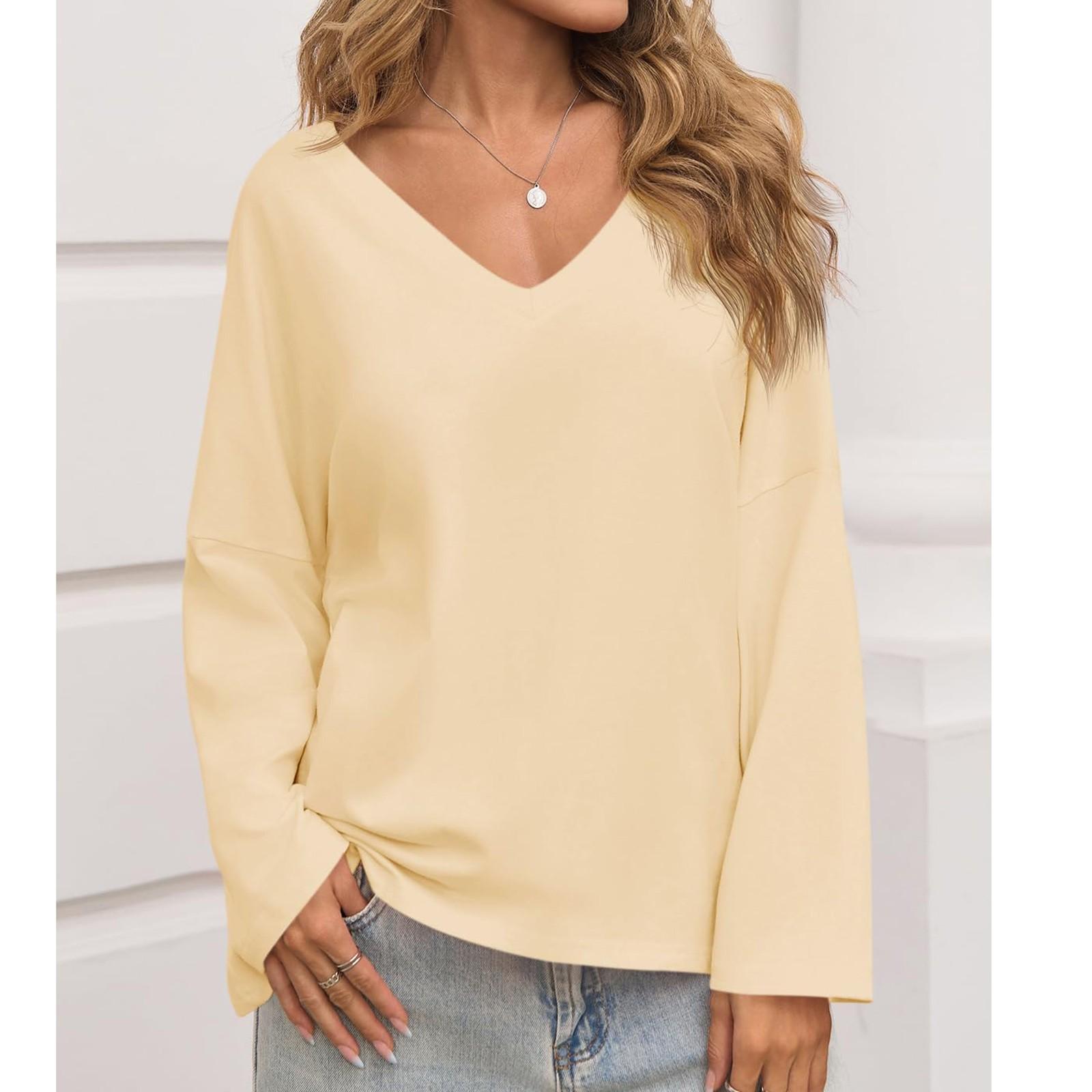 

Женский повседневный и модный однотонный топ с длинными рукавами и V-образным вырезом XL жёлтый