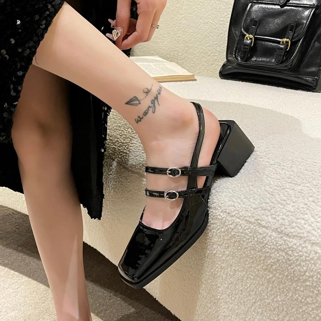Fashion 2024 New Spring Faux Patent Finish High-heel Shoes with Straps Slingback Fashion Pumps for Women Square Toe Block