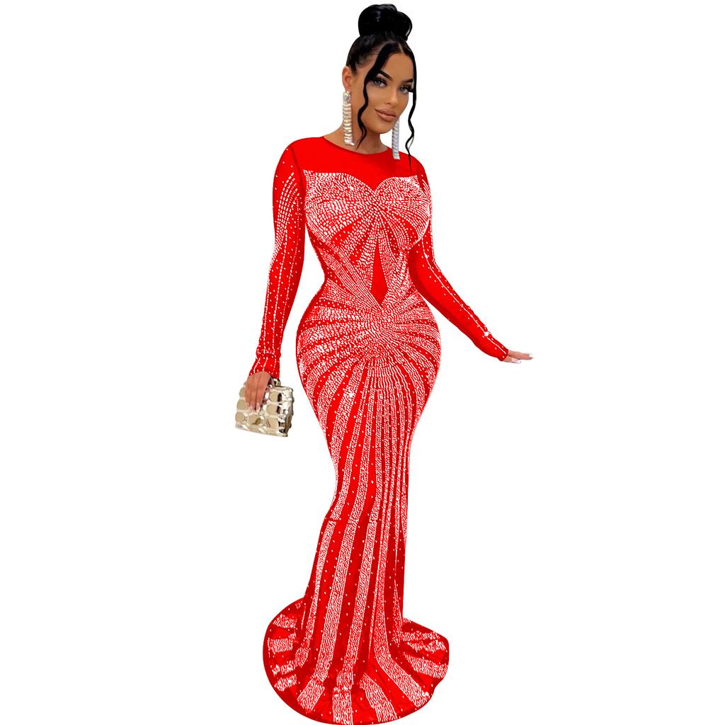 Vestido de noche Vestido largo de manga larga con diamantes de imitación transparentes de malla de color sólido para mujer a la moda