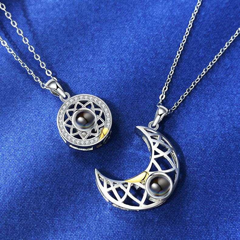 Sun Moon Projection Couple Necklace for Men and Women A Pair of Pendant Magnets INS Small Design Collar Chain Necklace