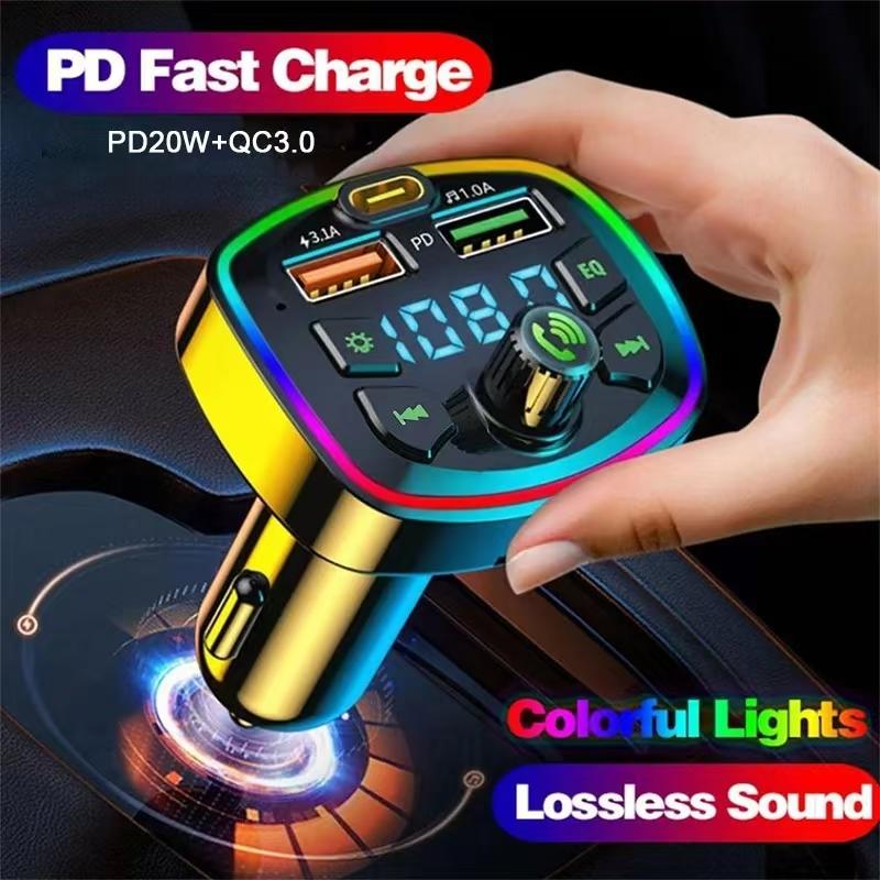 Car Charger FM Transmitter Bluetooth5.0 Hands Free FastCharging True 3.1A Dual USB Port PD MP3 Music TF Card U disk AUX Player