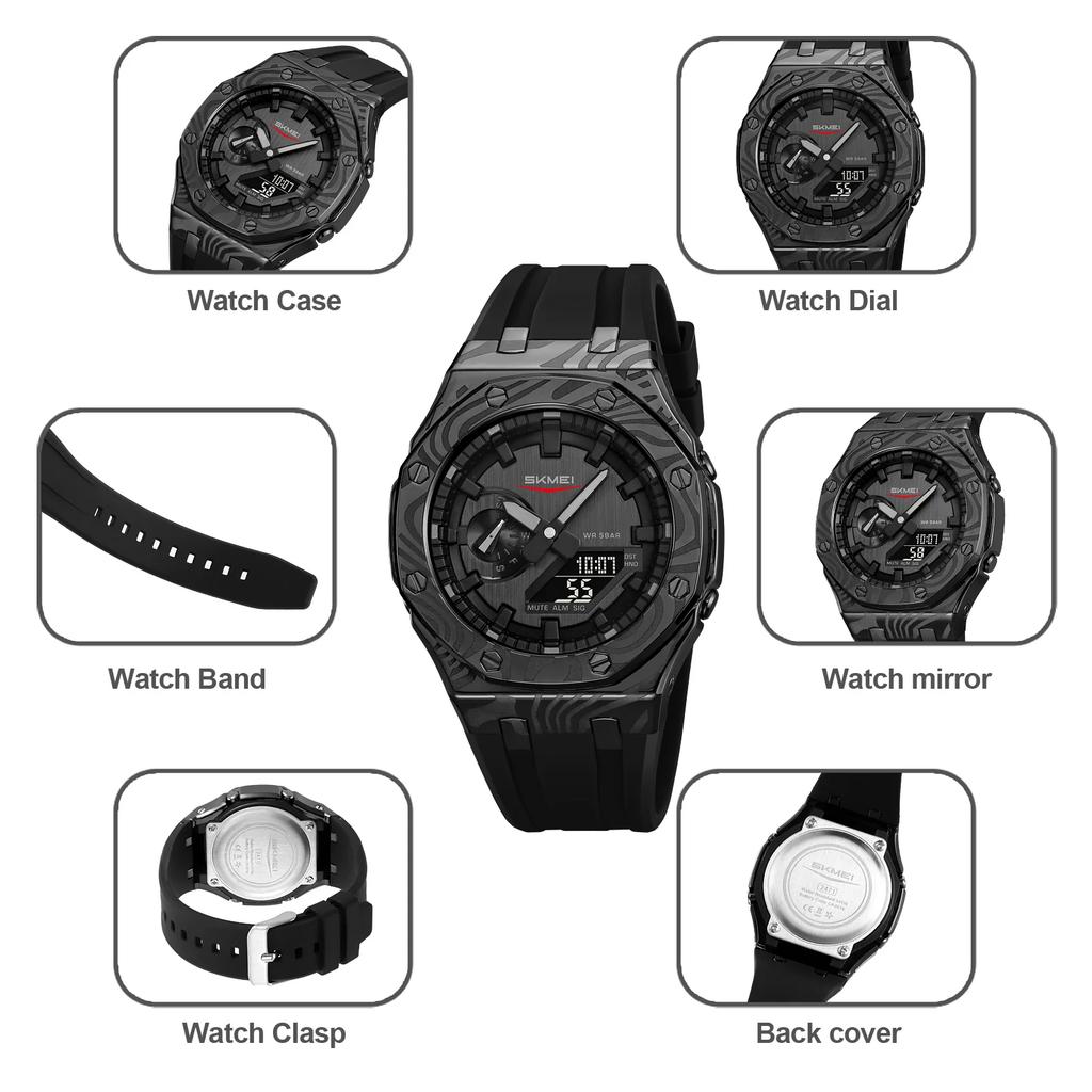 Skmei 2471 Light Dual Digital Display Quartz Waterproof Watches with Calendar Analog Stopwatch Timing Alarm Clock LED Night