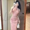 Elegant Off-Shoulder Qipao Evening Gown with Pearl Chain Accents
