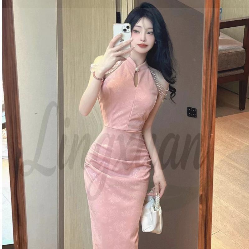 Elegant Off-Shoulder Qipao Evening Gown with Pearl Chain Accents