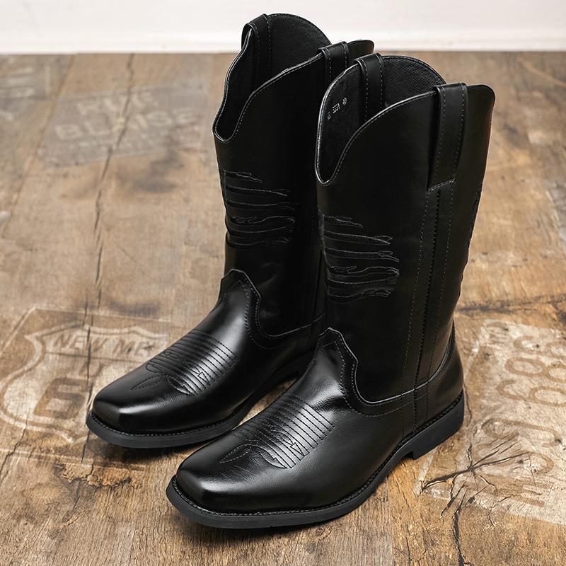 

Мужские ботинки с высоким голенищем из ПУ с вышивкой, на низком каблуке, модные, в западном стиле, мужские ковбойские ботинки 46