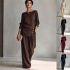 Women 2 Piece Knit Outfit Boat Neck Long Sleeve Button Decor Loose Top High Waist Wide Leg Pants Solid Matching Suit