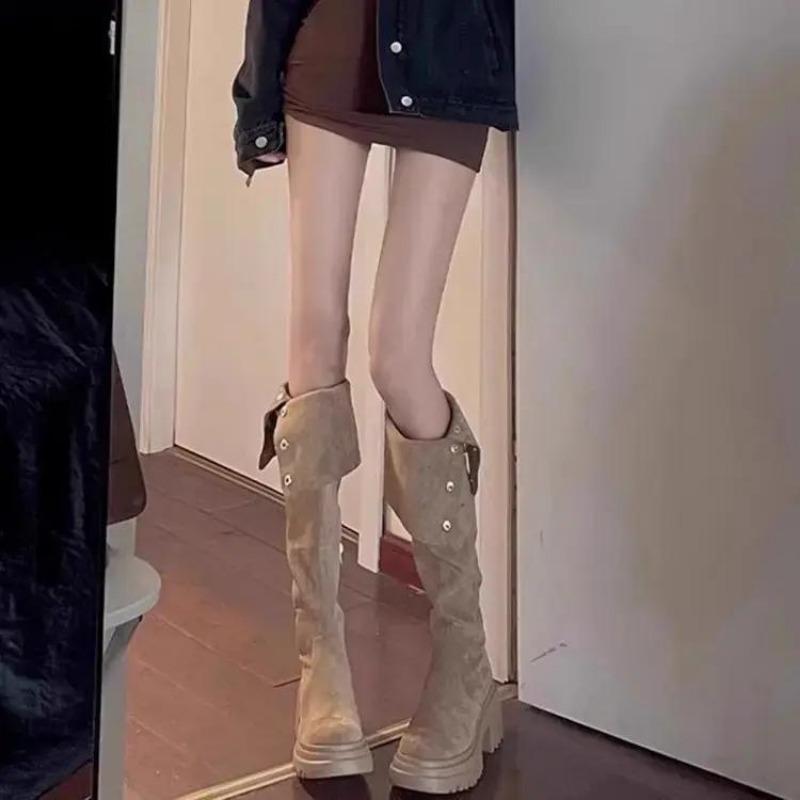 Western knee boots women's high boots retro black outer wear thick-soled boots increase height autumn and winter new models