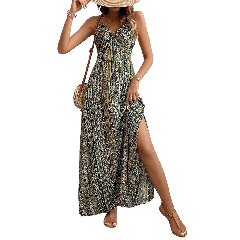 Women's Summer Fashion Sexy V-neck Strap Sleeveless Retro Flower Printed Beach Split Dress