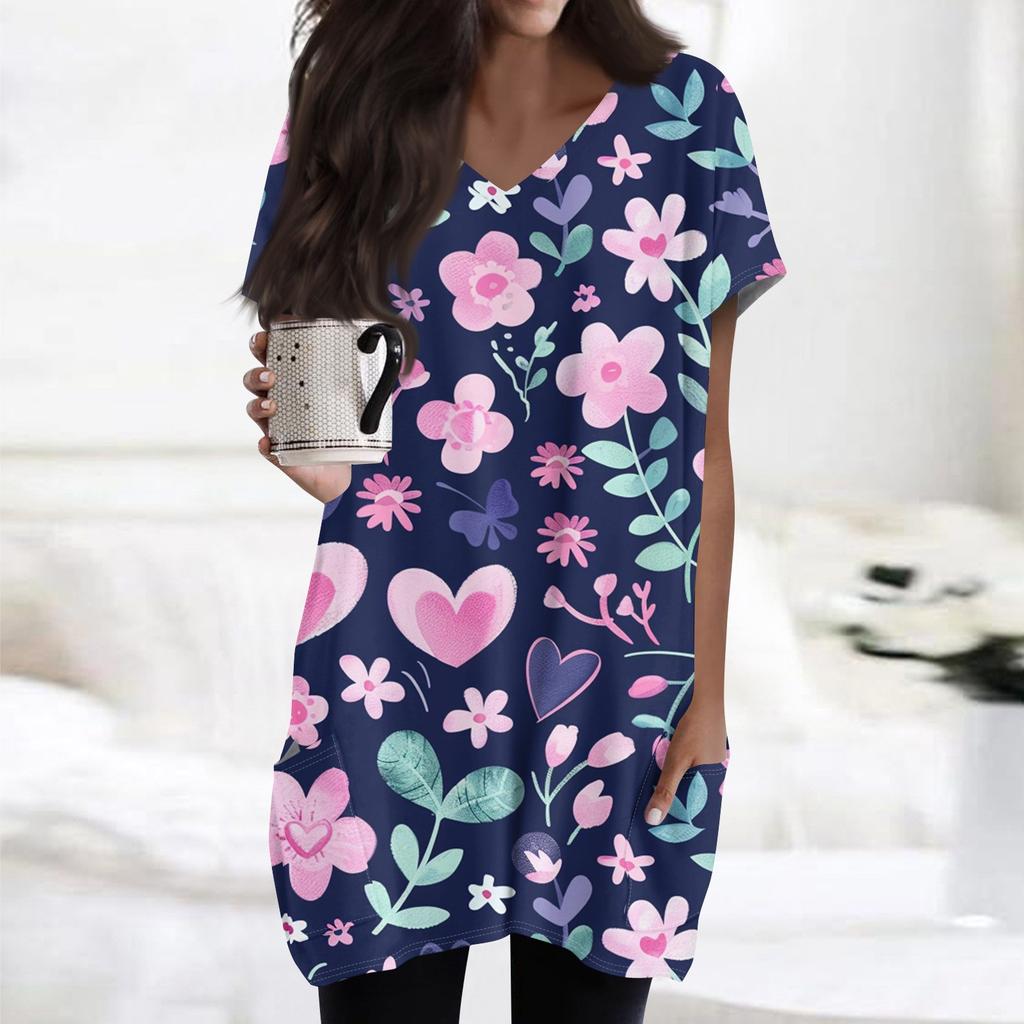 Haut Midi à Manches Courtes et Poches à Col en V pour Femme avec Imprimé Rétro Fleurs et Feuilles