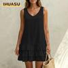 Abiti casual da donna alla moda per estate e primavera, tinta unita, stampa, scollo a V, senza maniche