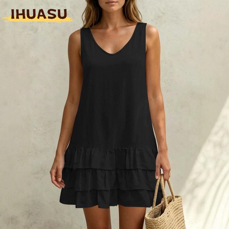 IHUASU Abiti casual da donna alla moda per estate e primavera, tinta unita, stampa, scollo a V, senza maniche