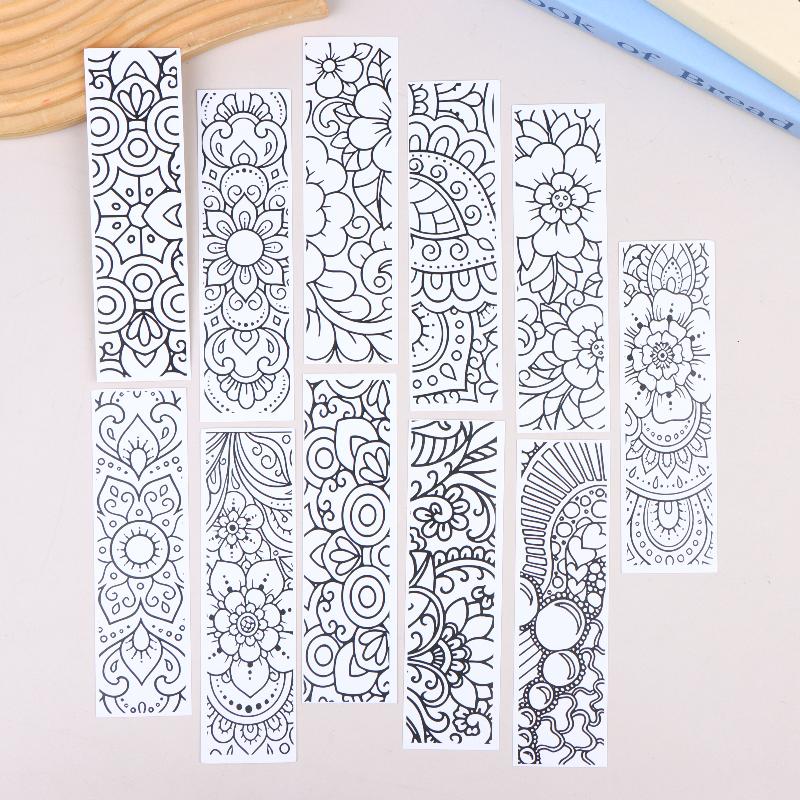 32 Stück Blumenmuster Mal-Lesezeichen DIY Leere Schwarzlinien-Zeichen-Lesezeichen für Kinder Erwachsene Stressabbau Lesezubehör