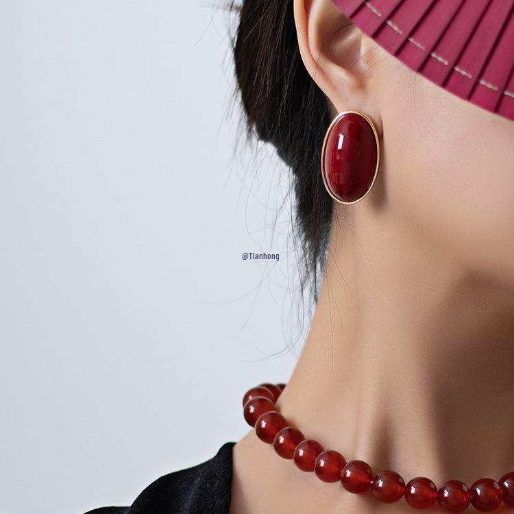 Ancola 2024 Red Retro Oval Pearl Earrings - Autumn & Winter Collection