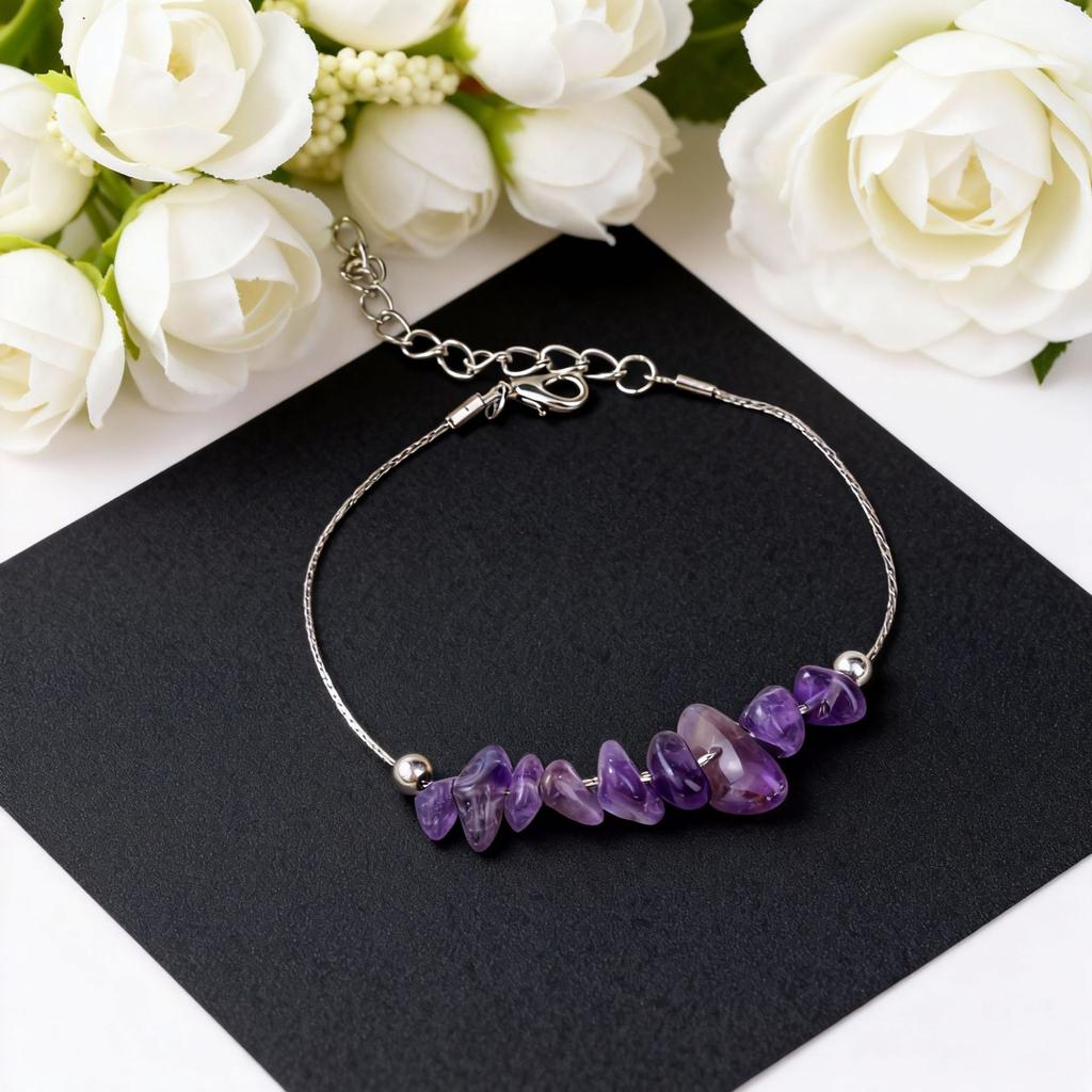 Festive Gifts Amethyst Gravel Beaded Bracelet With Silver Chain Elegant Fashion Jewelry For Women Daily Wear Simple Versatile Accessory