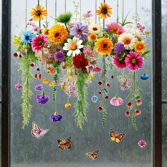 Window Sticker Double Sided Design Glass Decals Waterproof PVC Chrysanthemum Pattern Sticker Home Wall Decor