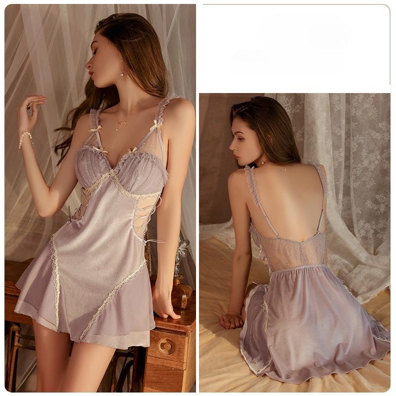 Women’s Sheer Velvet Nightgown Sexy Lace Sleep Dress Deep V Backless Cami Sleepwear