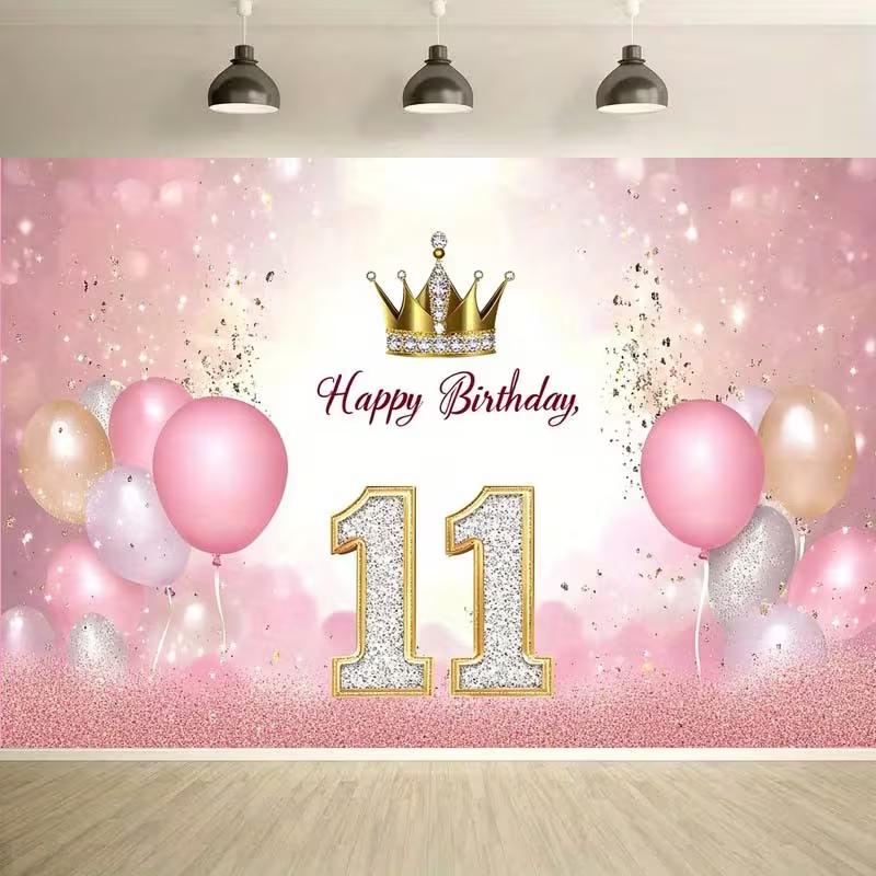 2D Happy 11th Birthday Backdrop Pink Gold Glitter Balloon Banner