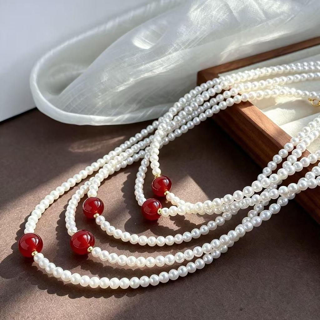 Exquisite High-Gloss Imitation Pearl & Pigeon Blood Red Carnelian Collarbone Necklace