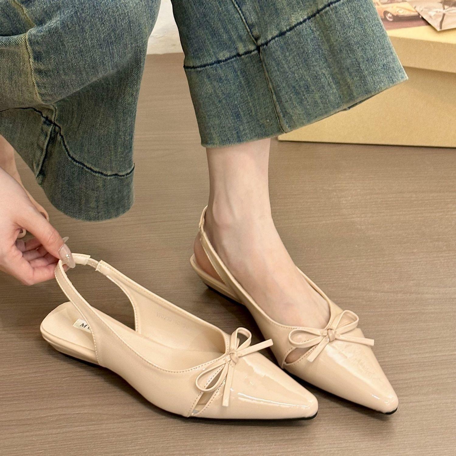 

Magnificent purple temperament patent leather pointed head hollow super versatile bow bag head empty sandals women s spring flat-soled single shoes 40 телесный