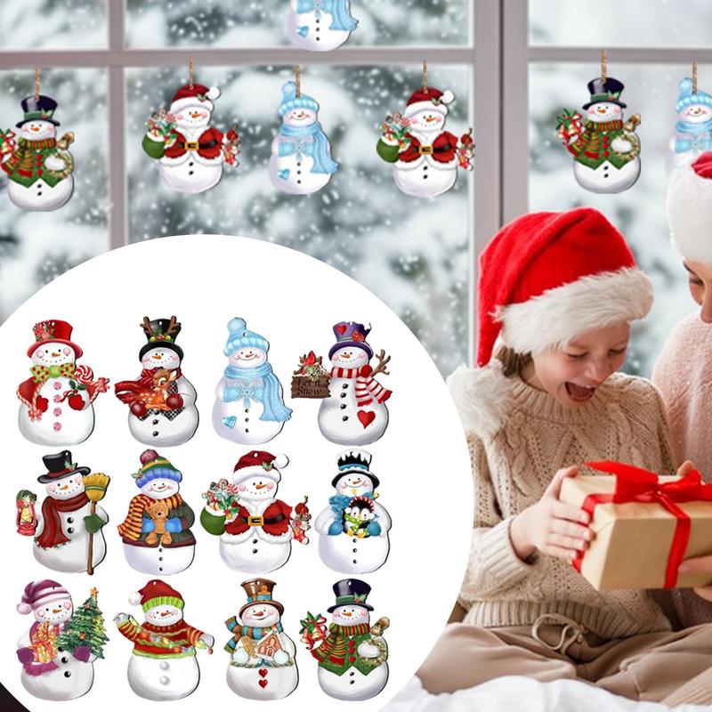 Set of 12 Rustic Christmas Snowman Ornaments Wood Pendant for Tree Decoration Charm for Wall Window Door
