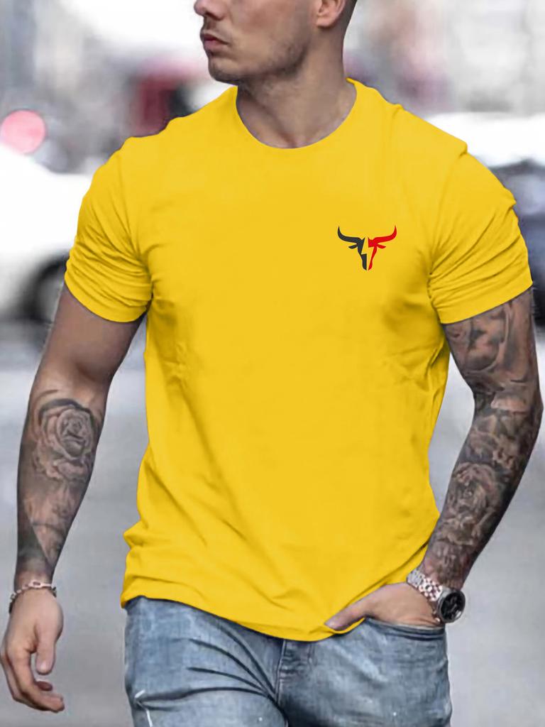 Summer Men's 100% Cotton Casual Loose Size Bull Print Round Neck Short Sleeve T-shirt Top men's street clothing button up pullov