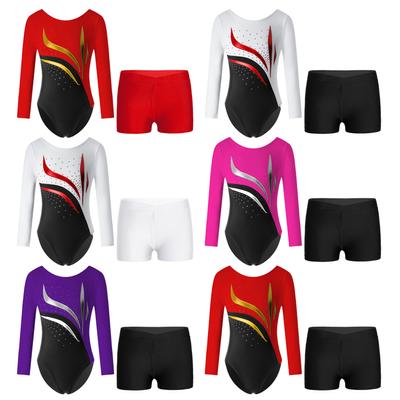 2 adet çocuk kız uzun kollu Rhinestones dekor jimnastik mayoları bale dans Bodysuit şort